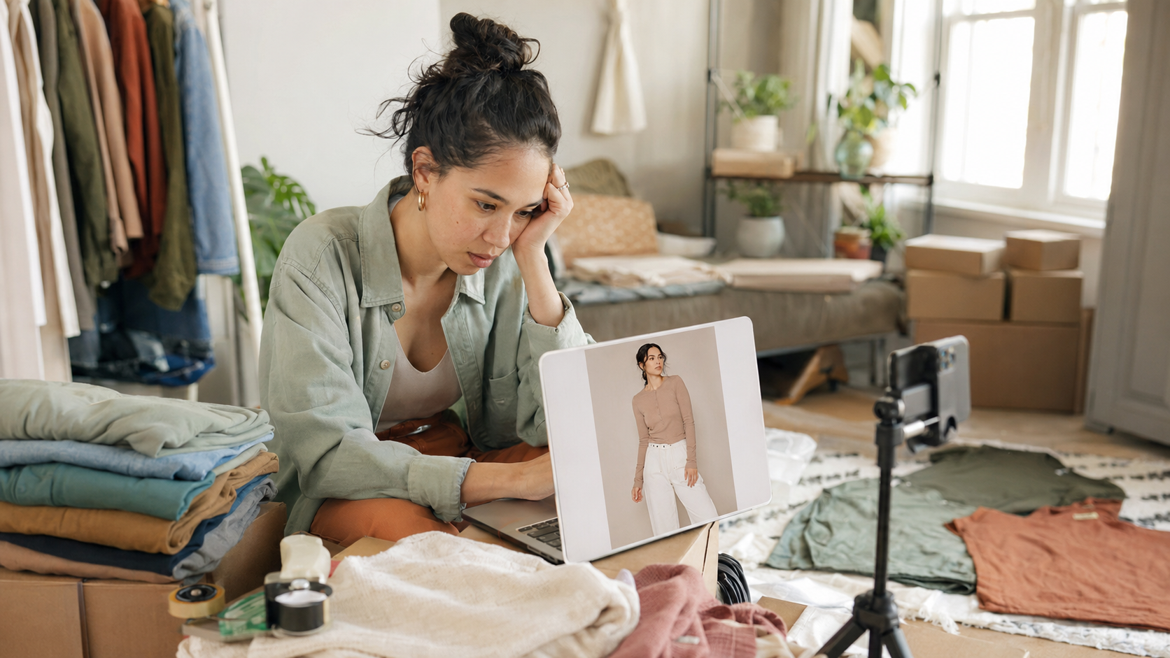 A small clothing seller surrounded by samples and shipping boxes beside a laptop generating an AI on-model photo
