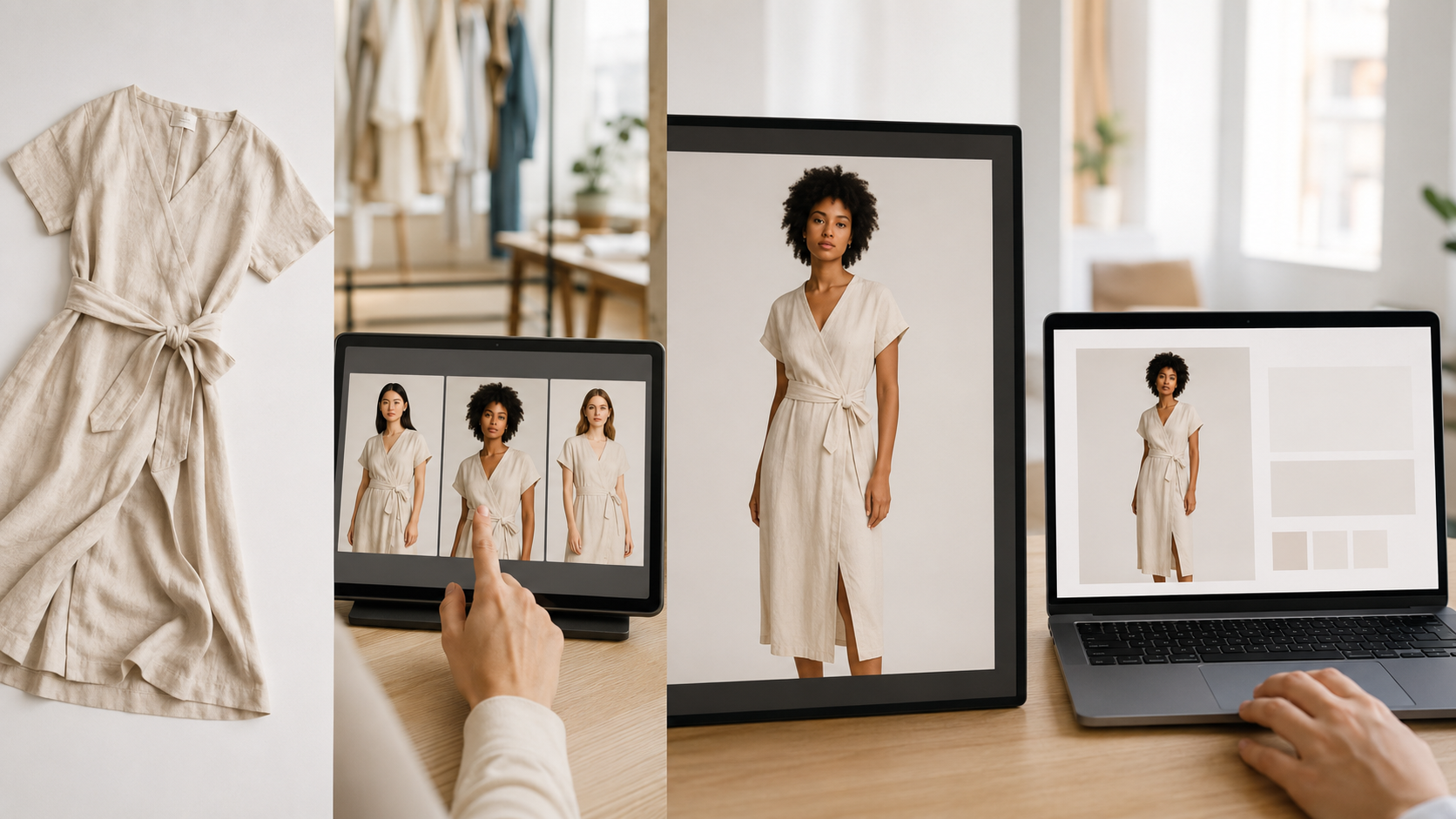 The step-by-step workflow from flat-lay to AI model photo: upload, choose model, generate, enhance, publish
