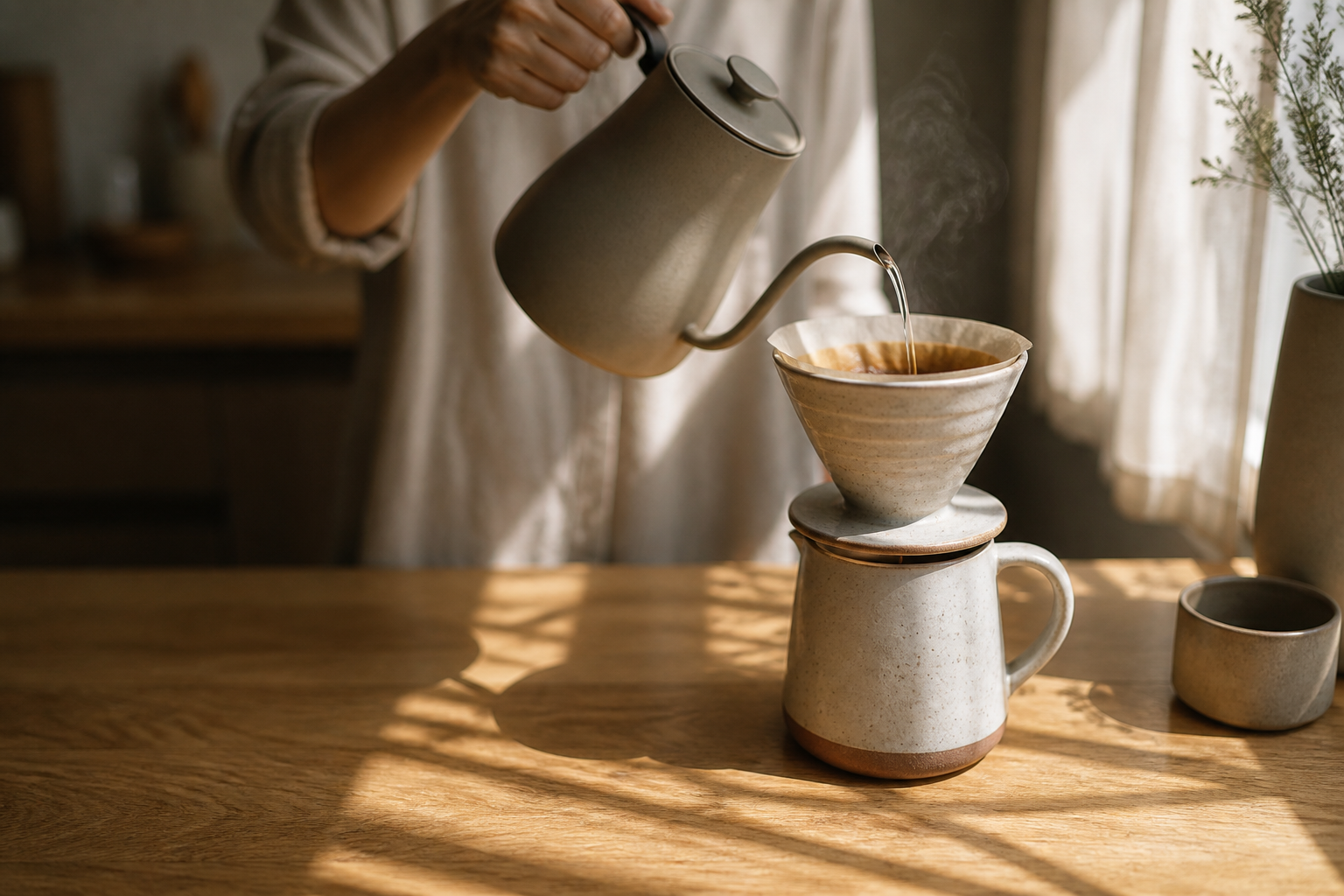 Ceramic pour-over coffee set in use on a sunlit oak counter with linen-shadow detail