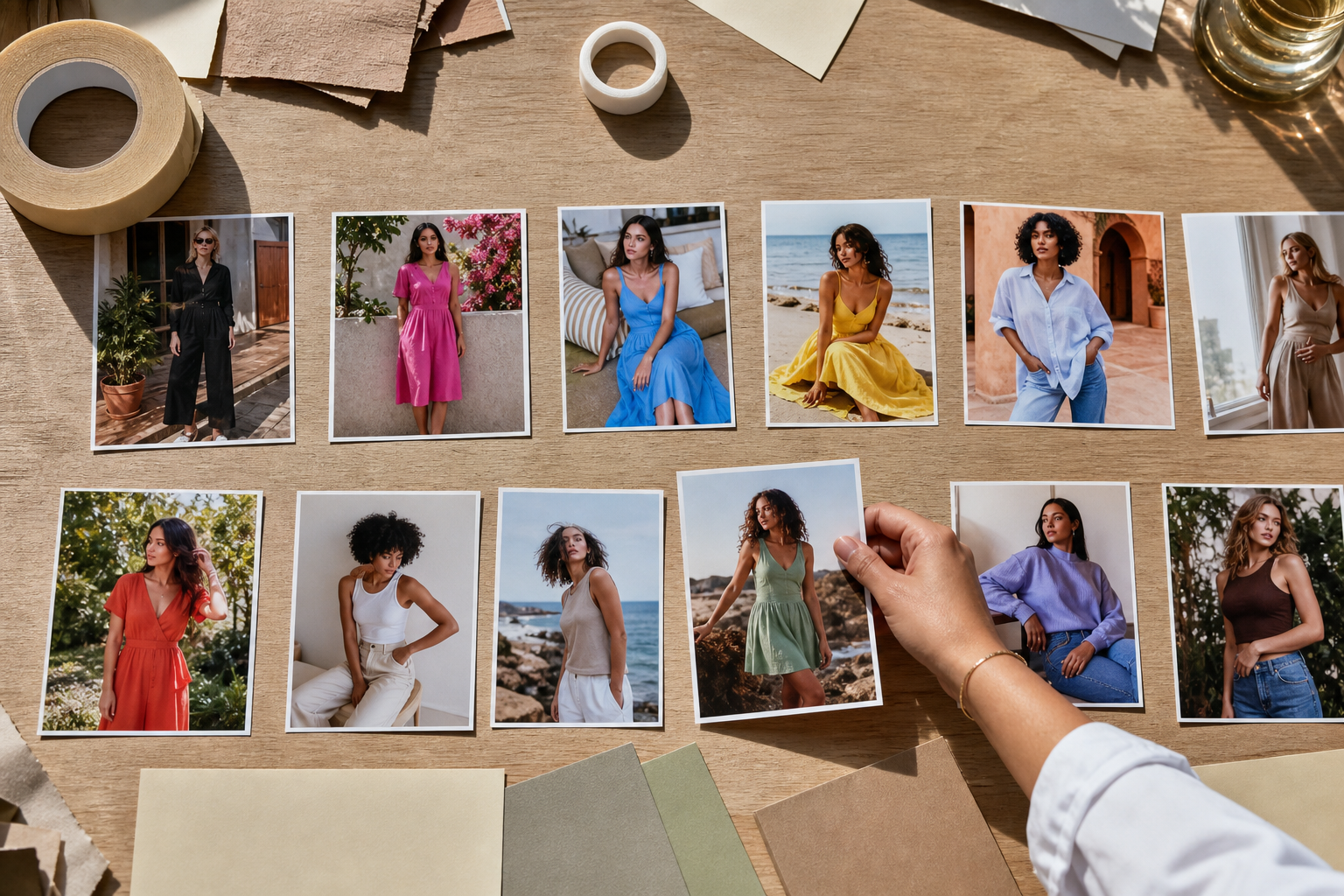 Twelve fashion UGC photo proofs arranged as a creative test matrix on a studio table