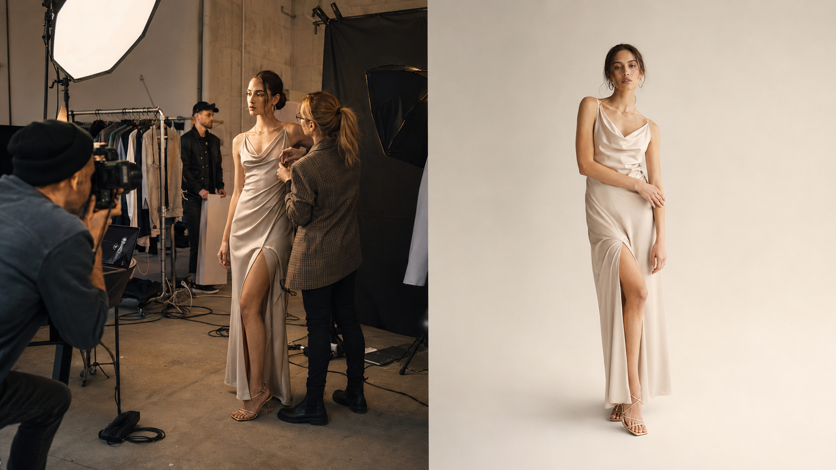 A traditional fashion photoshoot with crew and lighting beside an AI-generated on-model photo of the same garment