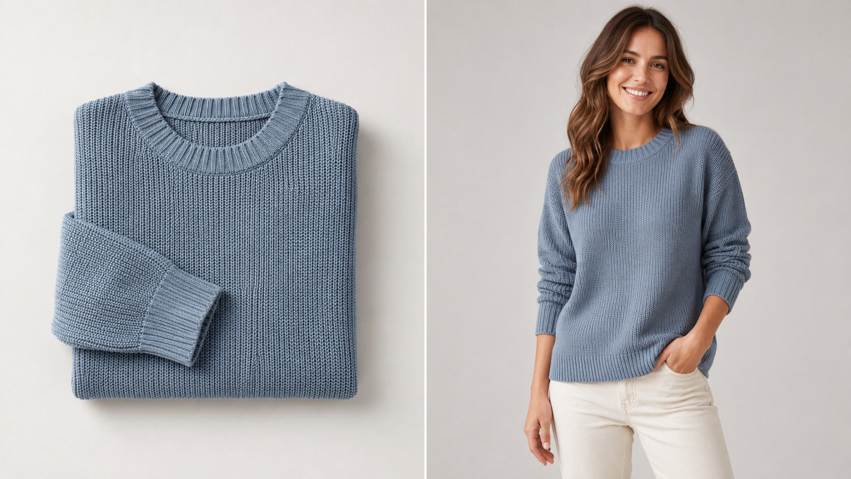 A flat-lay garment photo transformed into an on-model image by an AI fashion model generator