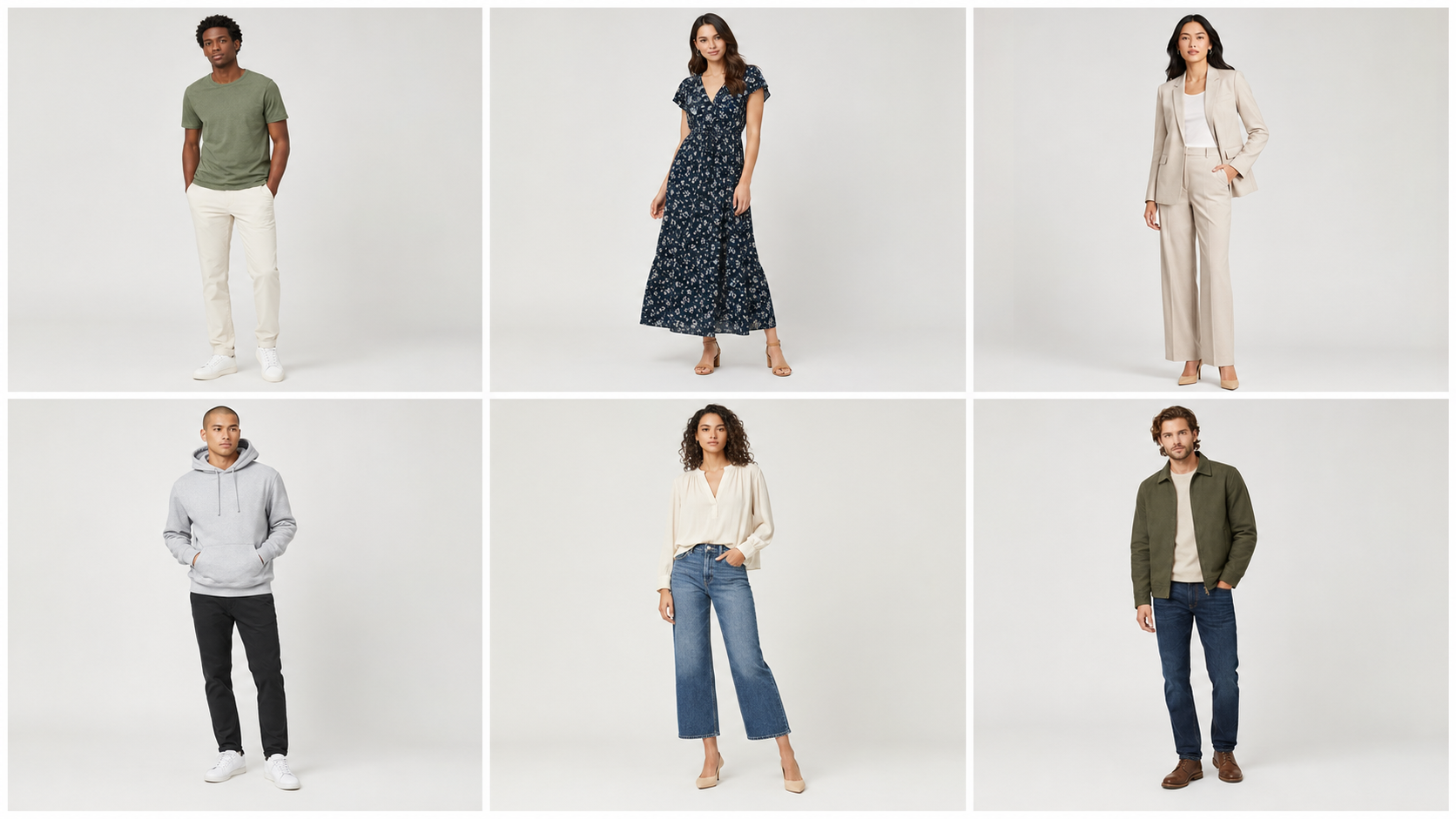 A grid of diverse AI fashion models wearing different garments at studio quality