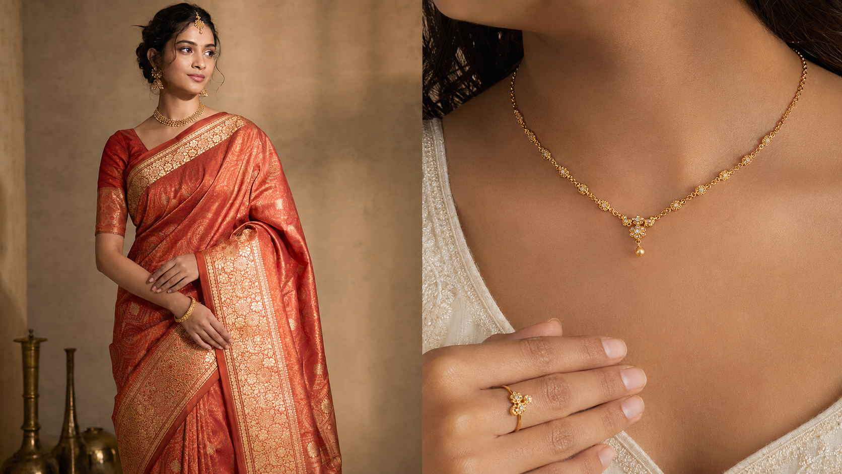 AI-generated models wearing a saree and jewelry for ethnic-wear and accessory ecommerce