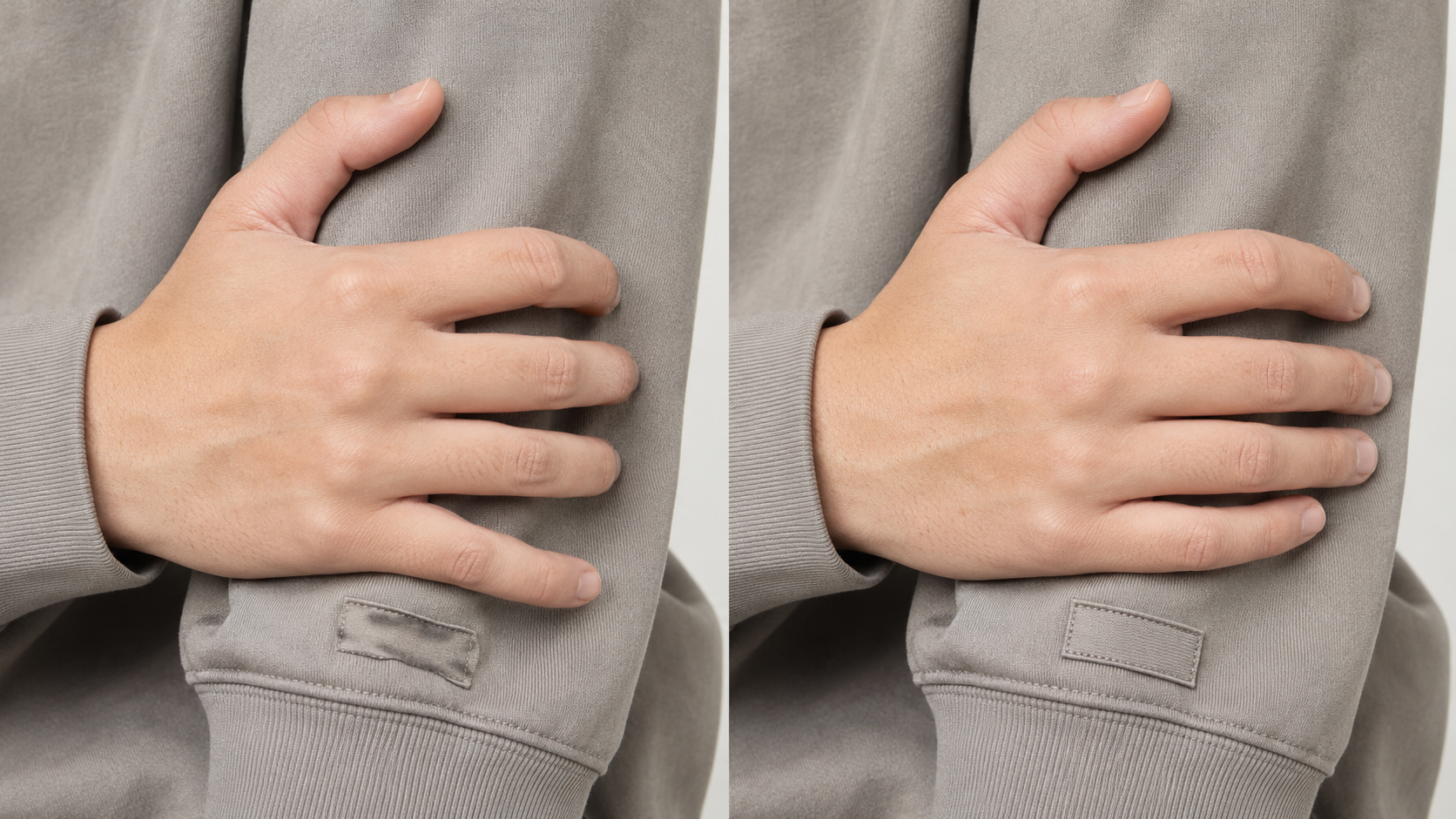 Close-up comparison of common AI fashion image flaws like distorted hands and garbled detail versus a clean result