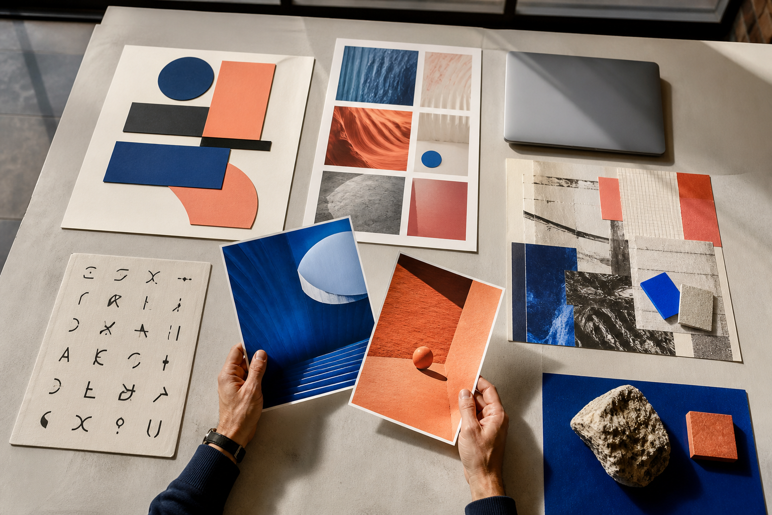 Art director selecting from a spread of seven distinct image-making concepts and print proofs