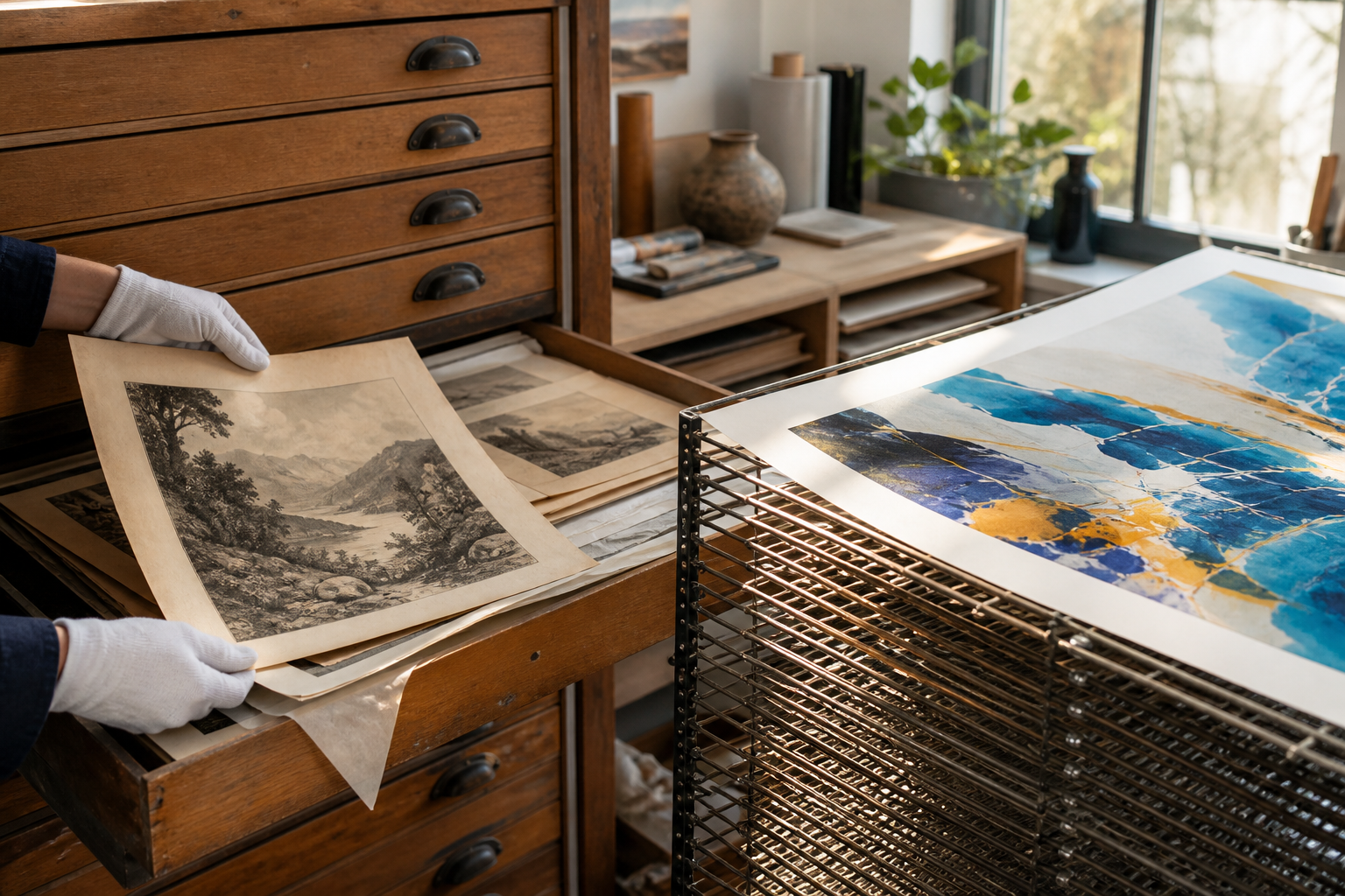 Studio comparison of an archival asset drawer and a freshly made original photographic print