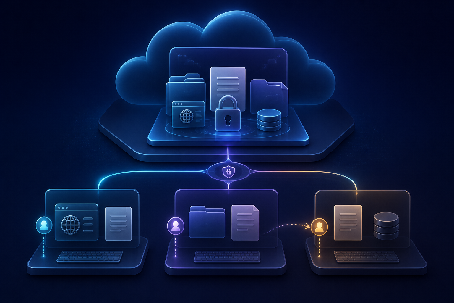 Illustration of several AI agents using one shared cloud workspace