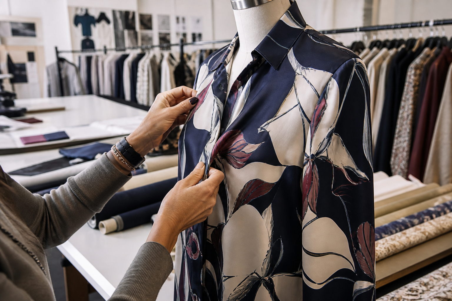 Stylist inspecting the drape and print detail of a patterned silk blouse in a fashion sample room