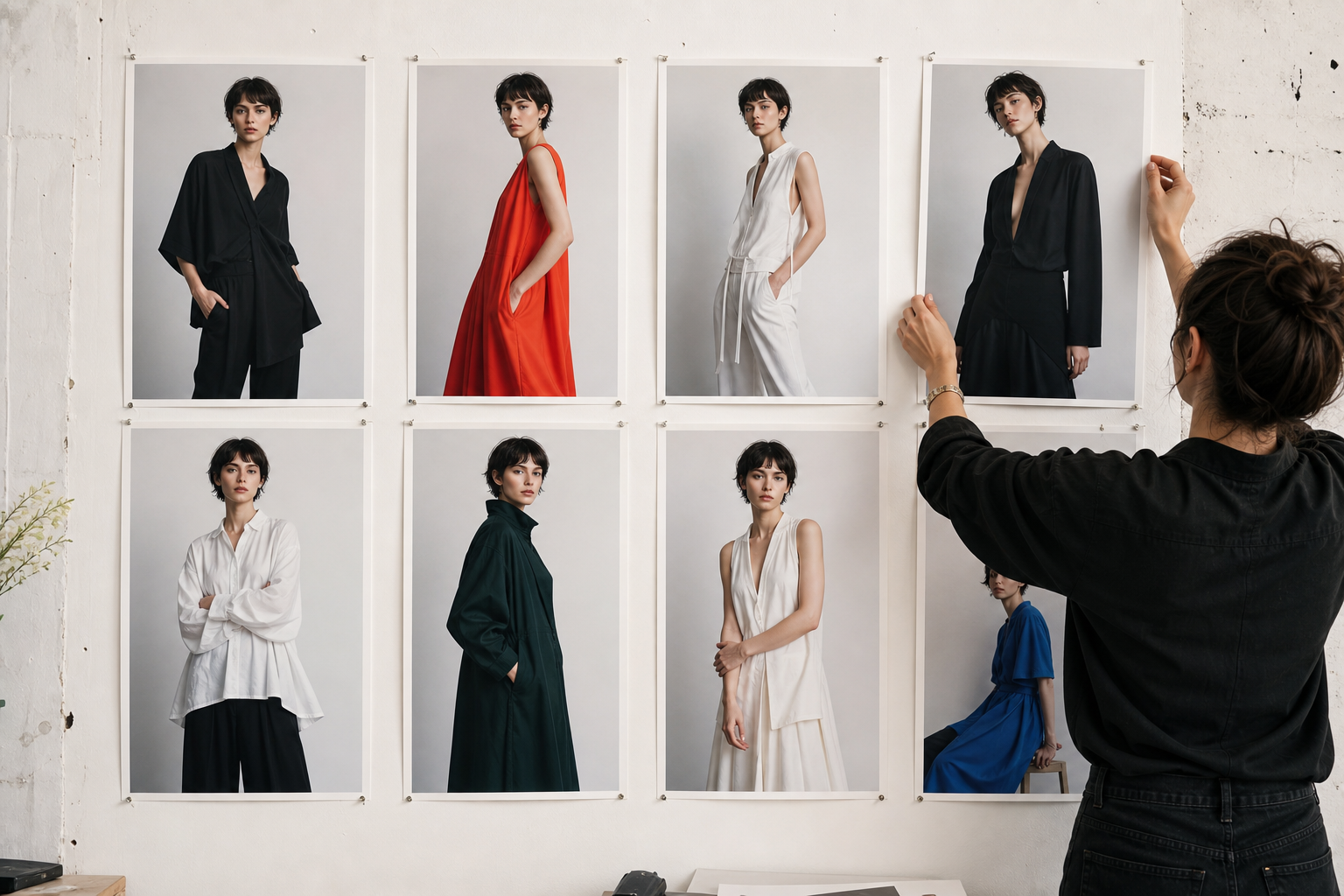 Fashion contact-sheet wall showing one consistent model identity across a collection of garments