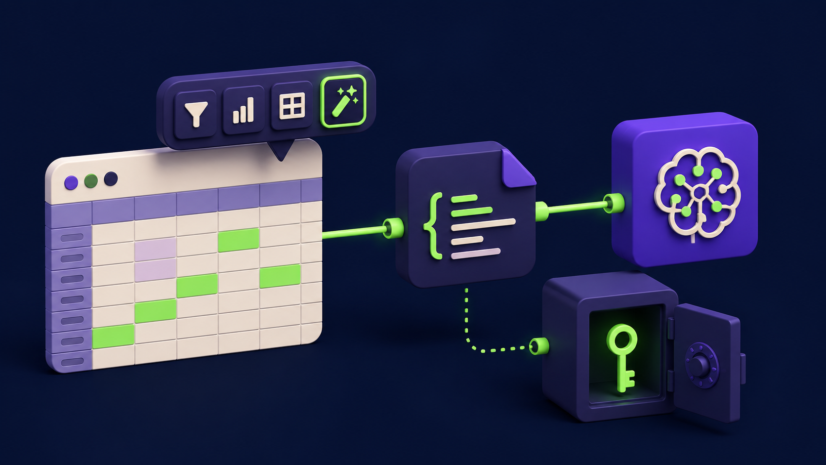 A small script module bridging a spreadsheet to an AI endpoint with a key sealed in a side vault