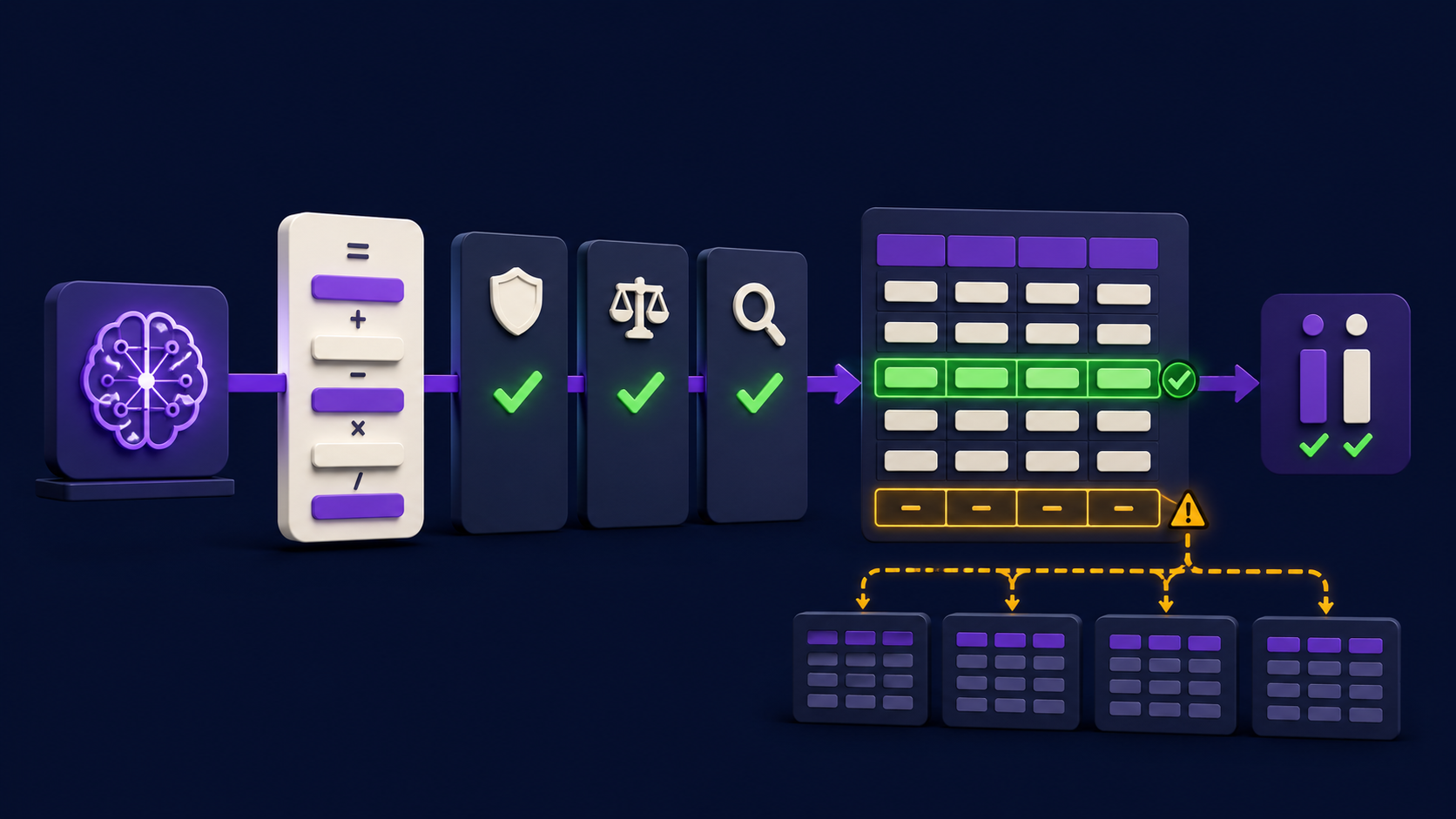 An AI-written formula passing three audit gates with one hand-checked row green and an edge row flagged amber