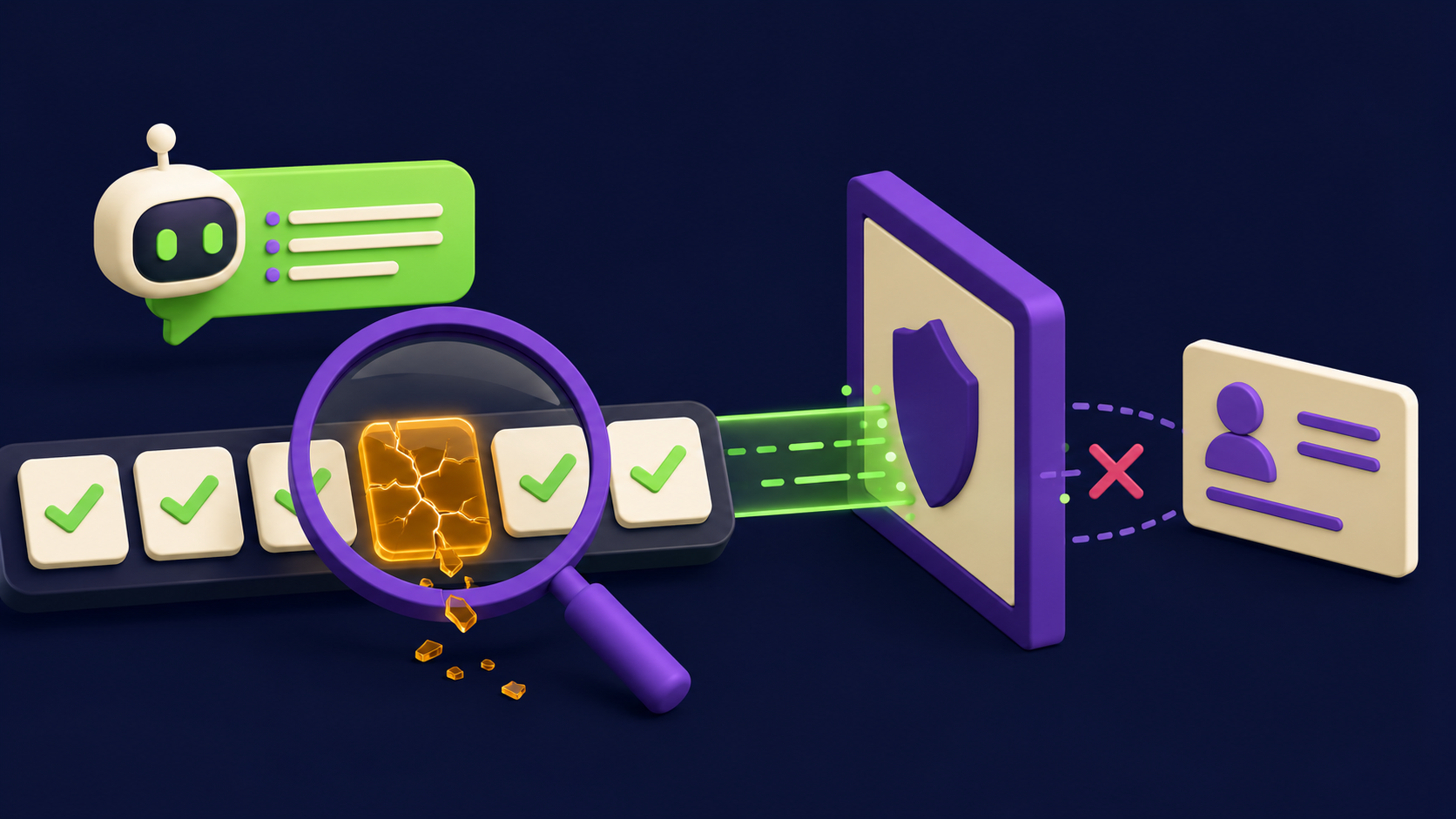 An AI-suggested fact under a magnifier cracking amber while a shield blocks private contact data from the prompt