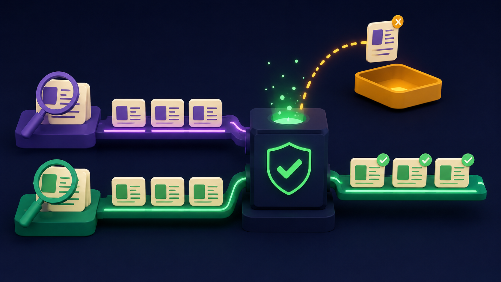 Two research engines feeding one verification checkpoint, a mismatched citation moved to an amber review tray