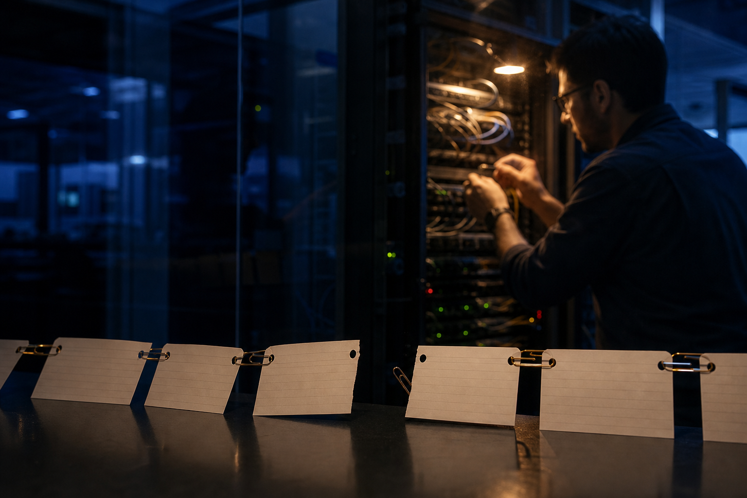 Broken chain of evidence cards in front of a technician restoring network infrastructure