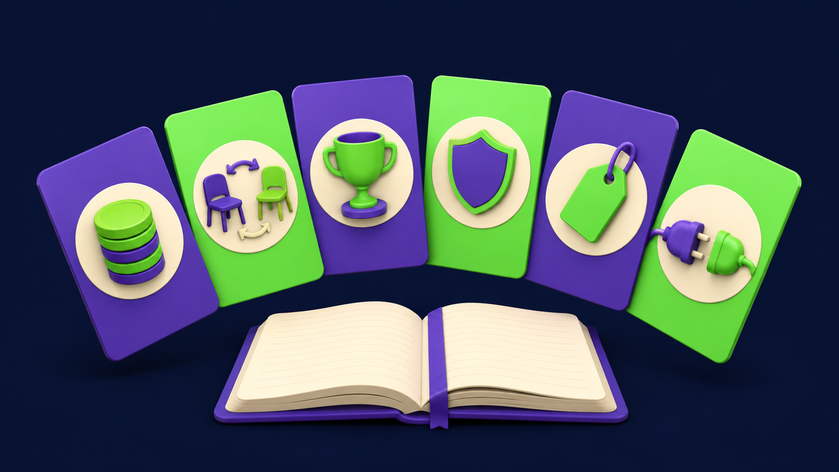 Six answer cards fanned above a notebook, each showing a different account-research signal icon