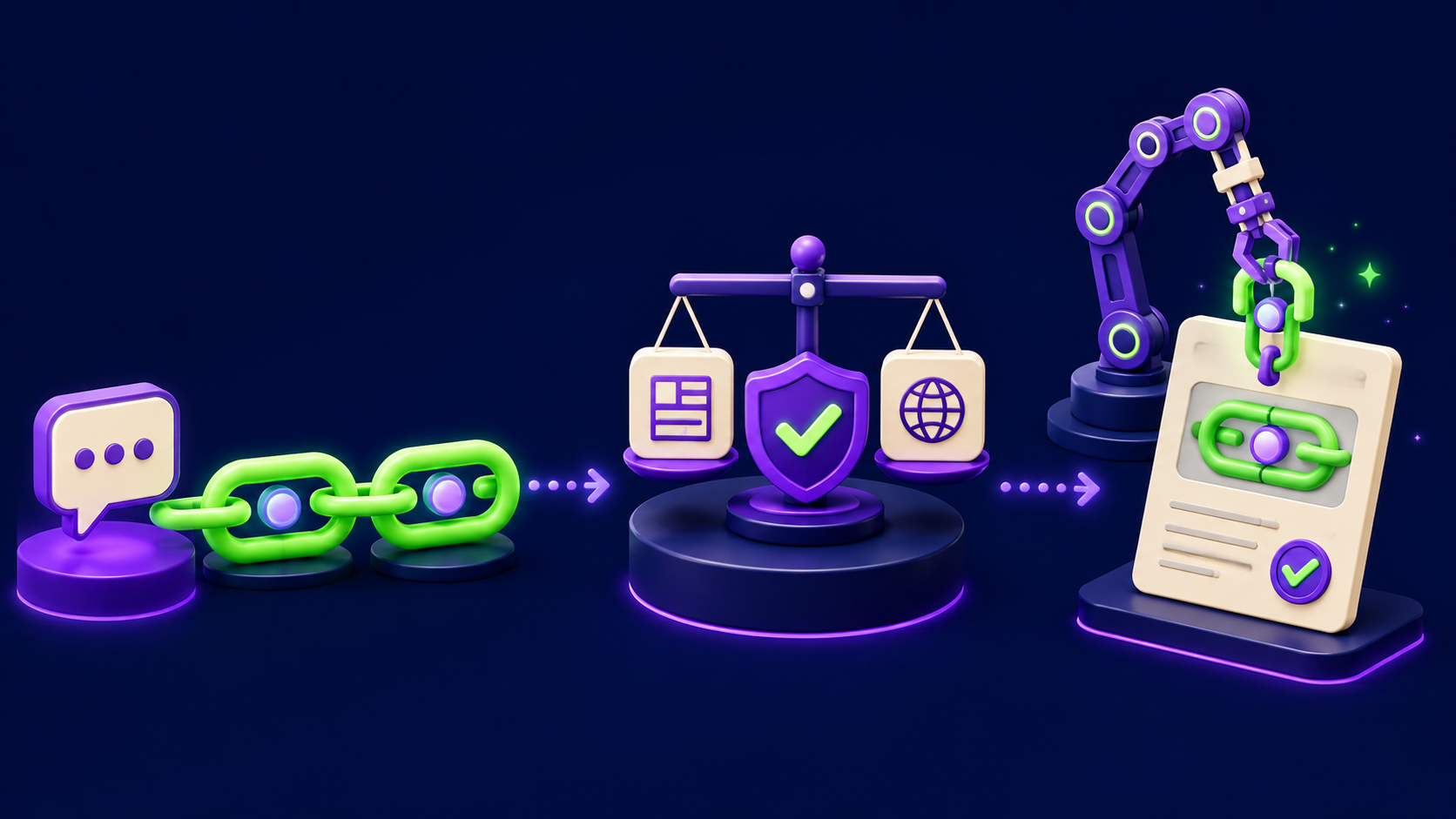A three-link chain of a prompt node, a cross-check node weighing two sources, and a link-extraction node