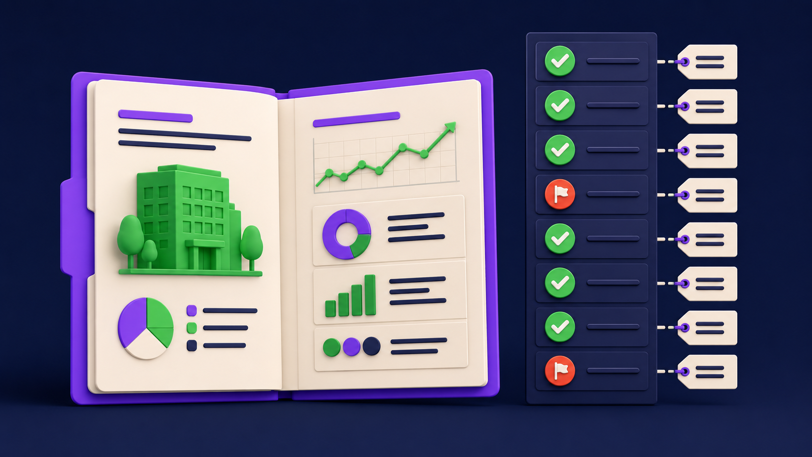 An open company dossier beside a scorecard column of green checks and two amber red-flag markers