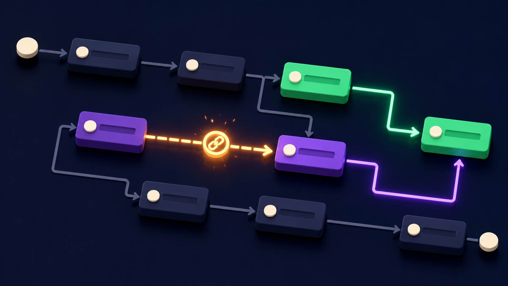 A project graph where a hidden dependency arrow snaps into place, glowing amber as the critical path re-routes
