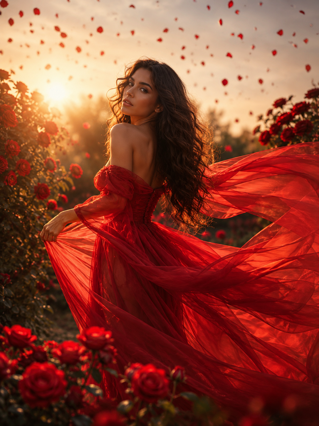 Crimson Chiffon Rose Garden Portrait