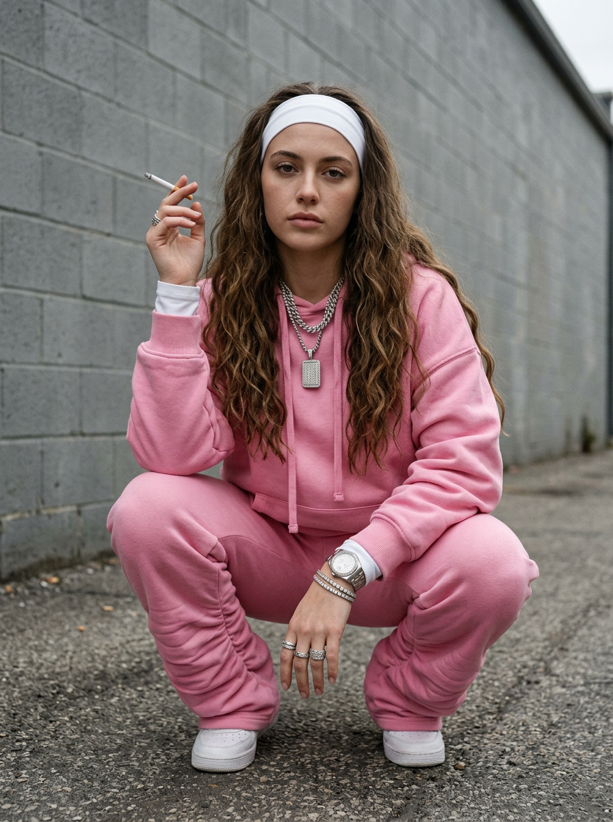 Urban Streetwear Editorial Portrait Prompt (Pink Tracksuit)