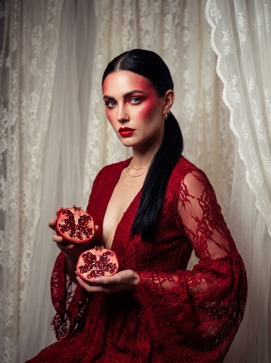 Dramatic Ethereal Portrait of a Woman Holding Pomegranates (Persephone Aesthetic)