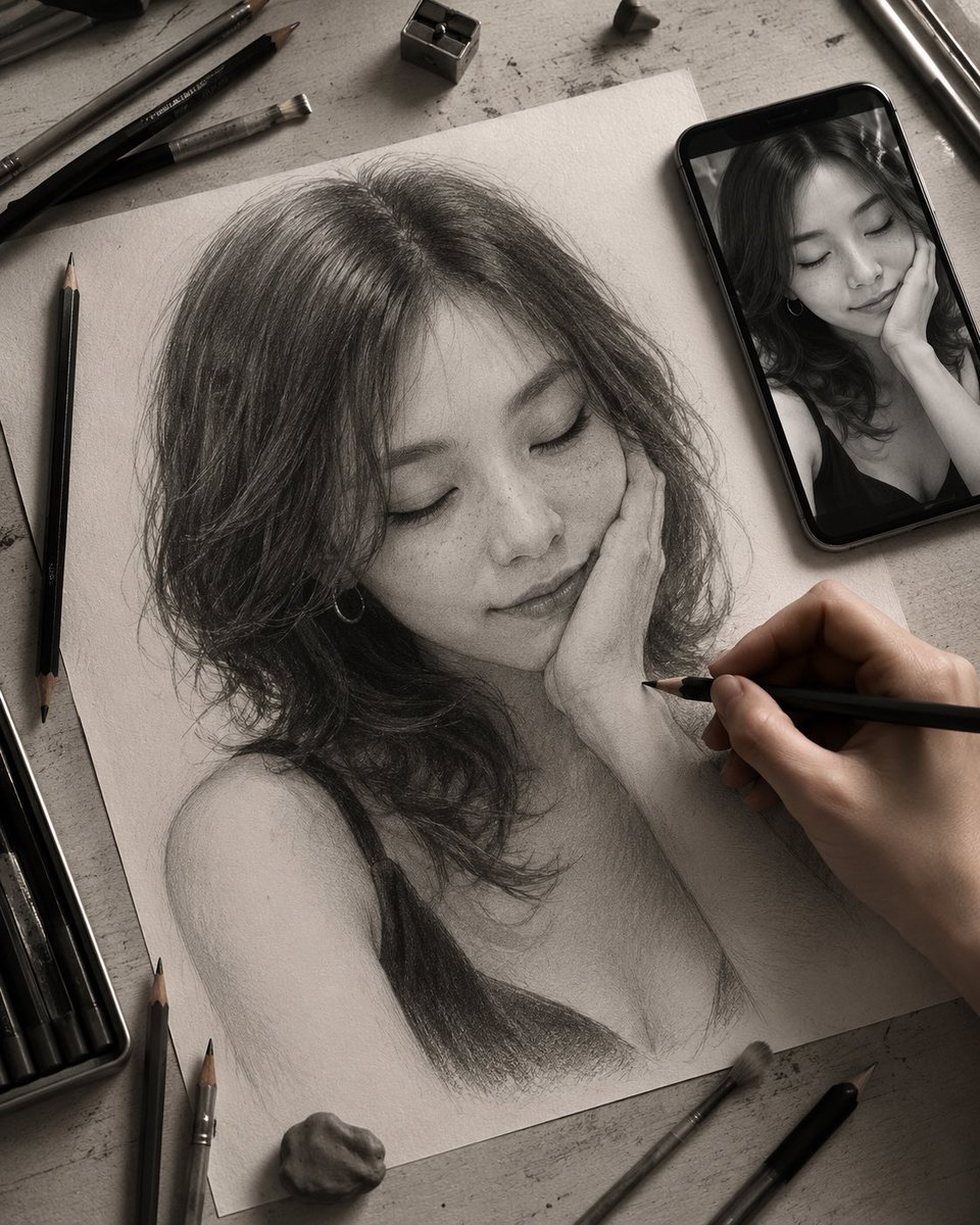Late-Night Graphite Portrait Workspace