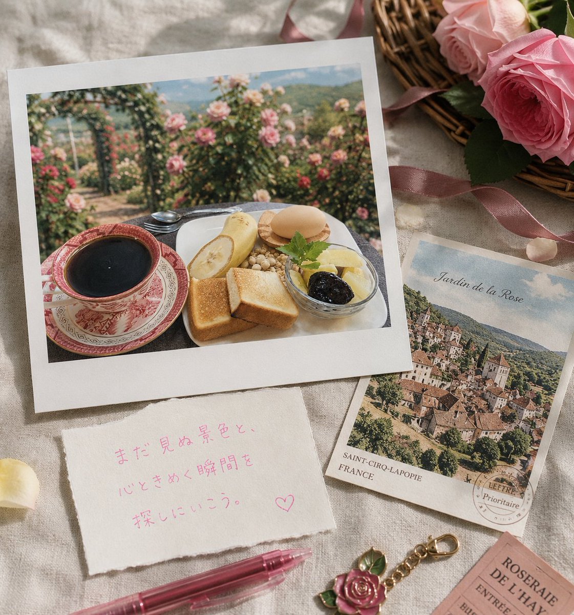 Rose Garden Travel Postcard Flat Lay