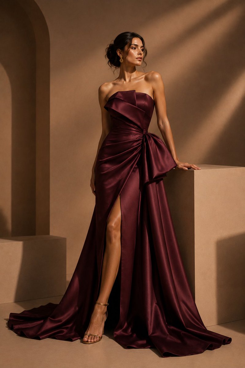 Burgundy Satin Couture Editorial