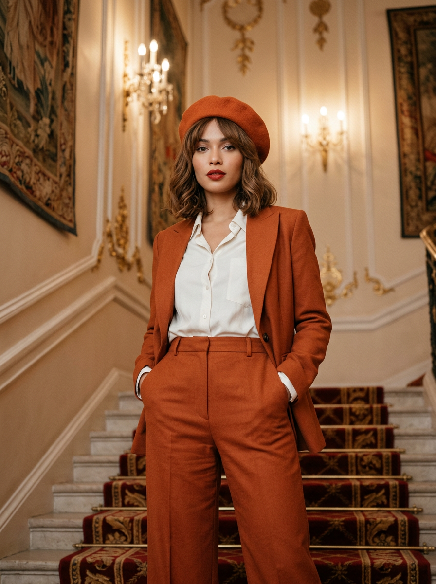 Luxury Fashion Portrait in Burnt Orange Suit