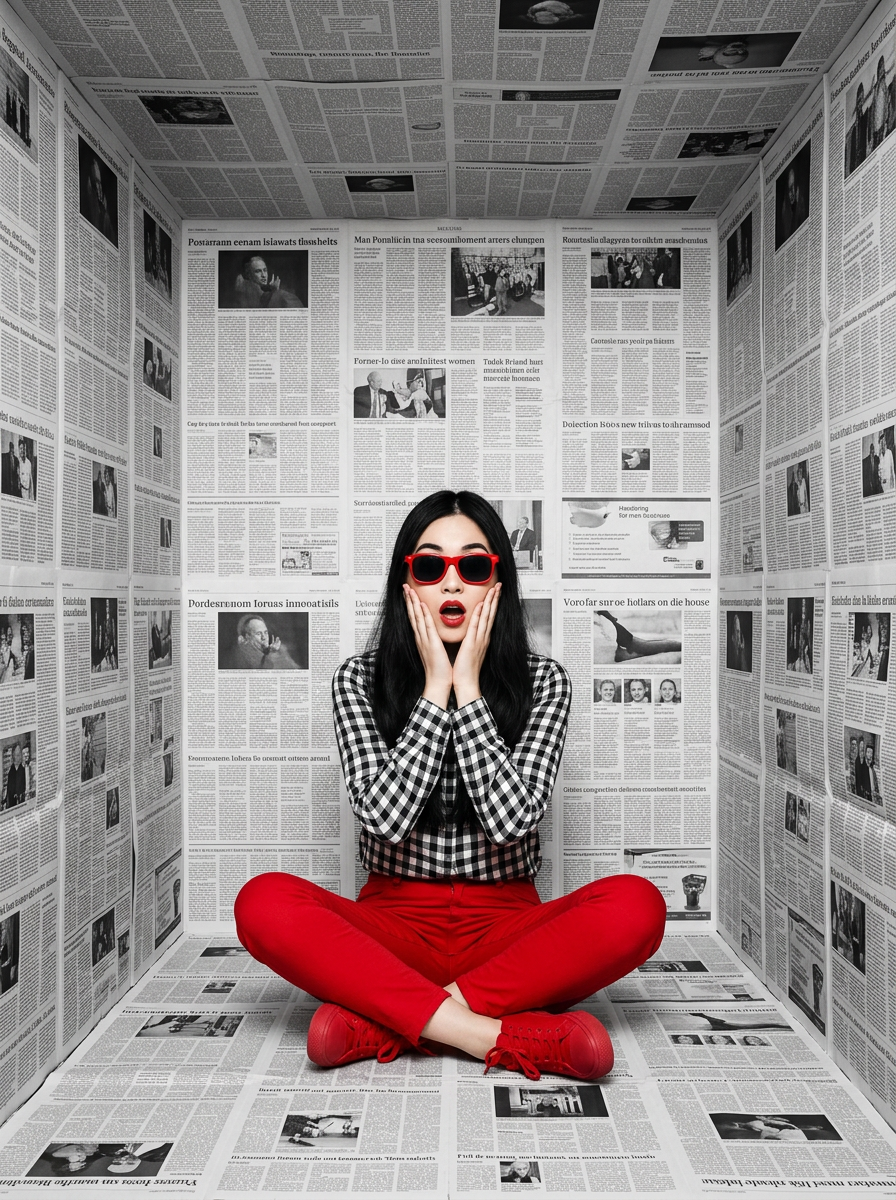 Surreal Editorial Fashion Portrait with Newspaper Background