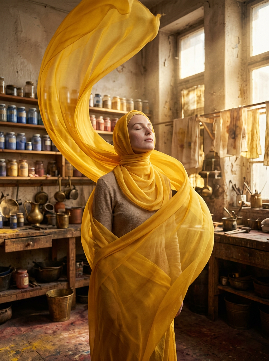 Surreal Fashion Portrait in a Textile Dye Workshop