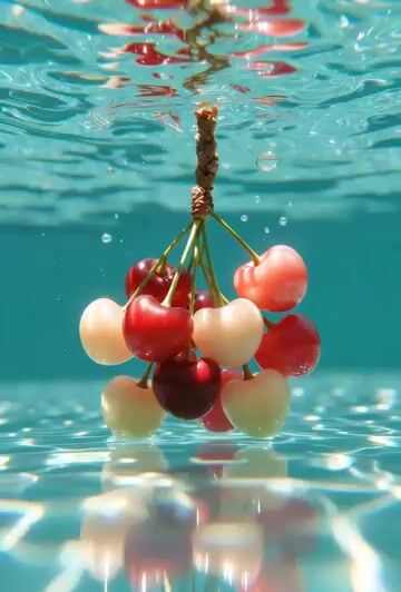 Cherries hanging underwater