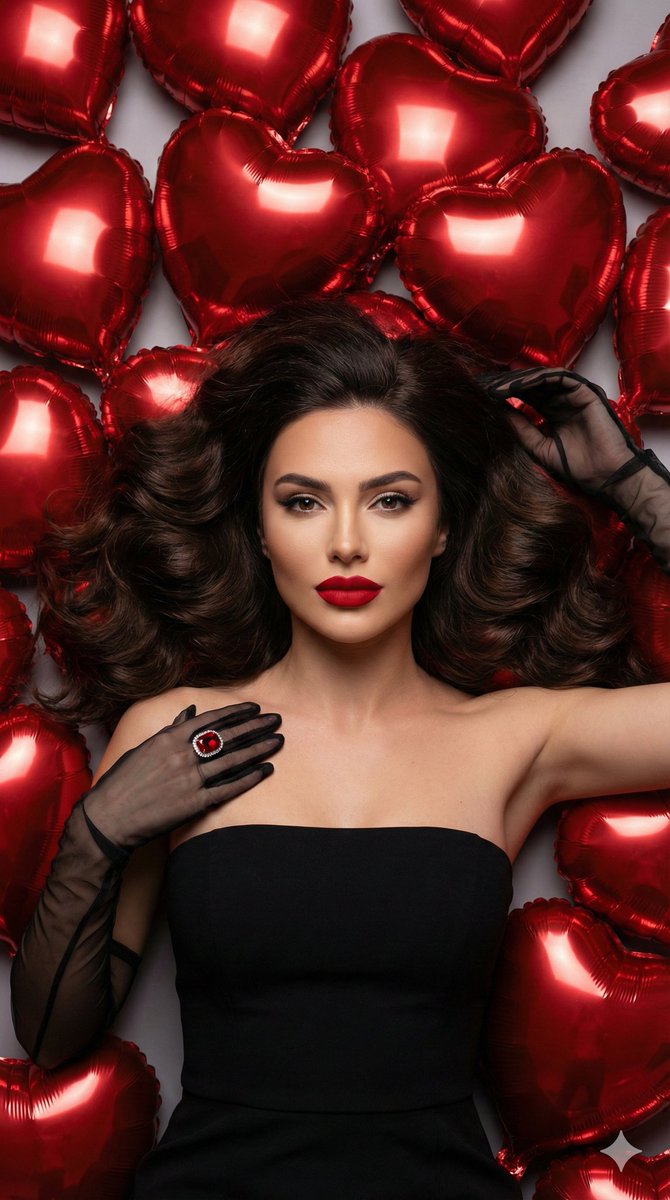 Glamorous Red Heart Balloon Studio Portrait Prompt