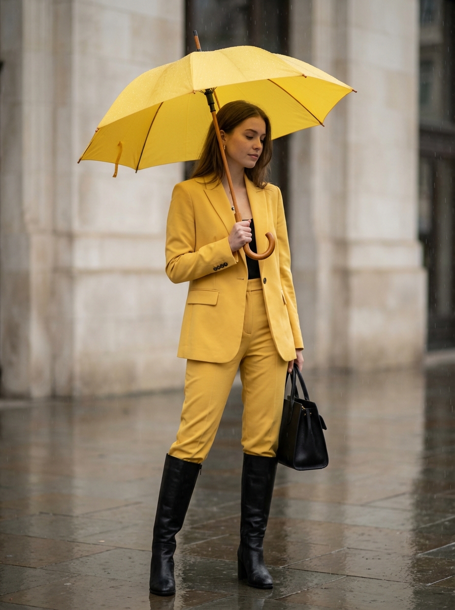 Rainy Day Yellow Power Suit Editorial Prompt
