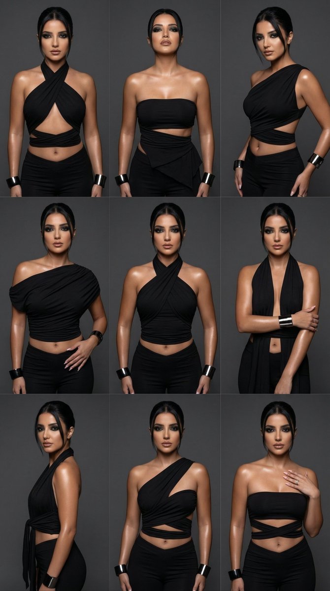 9-Panel Fashion Variation Grid Prompt: Black Wrap Tops
