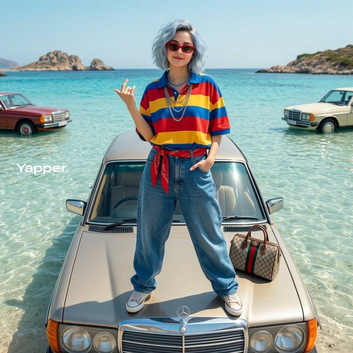 Stylish Woman on Submerged Vintage Car