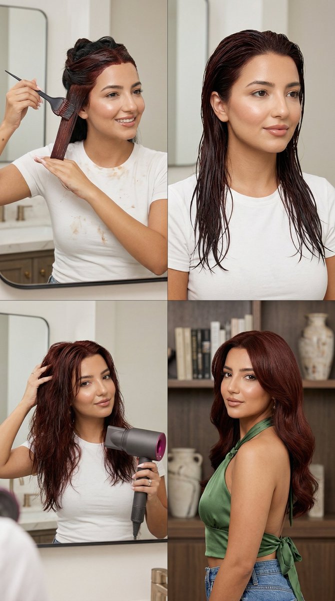 4-Step Deep Auburn Hair Dye Transformation Grid Prompt for Nano Banana 2