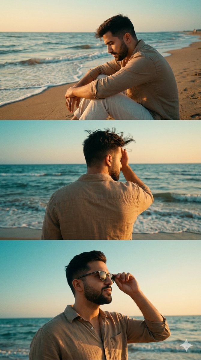 Cinematic Vertical Collage of a Stylish Man at the Beach