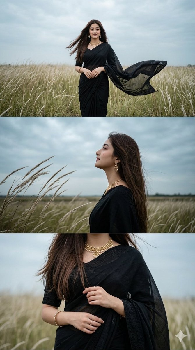 Black Saree Triptych Woman Portrait