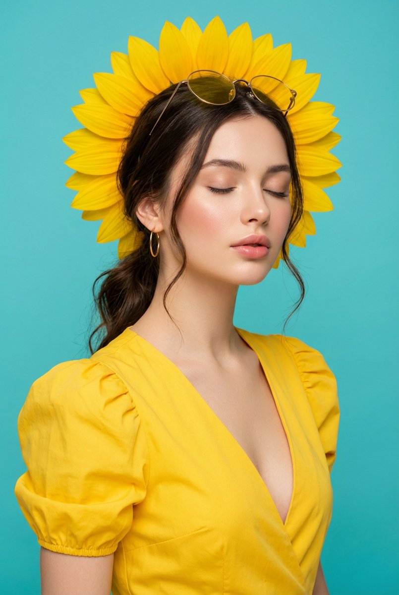 Ultra-Realistic Commercial Portrait with Yellow Dress and Turquoise Background