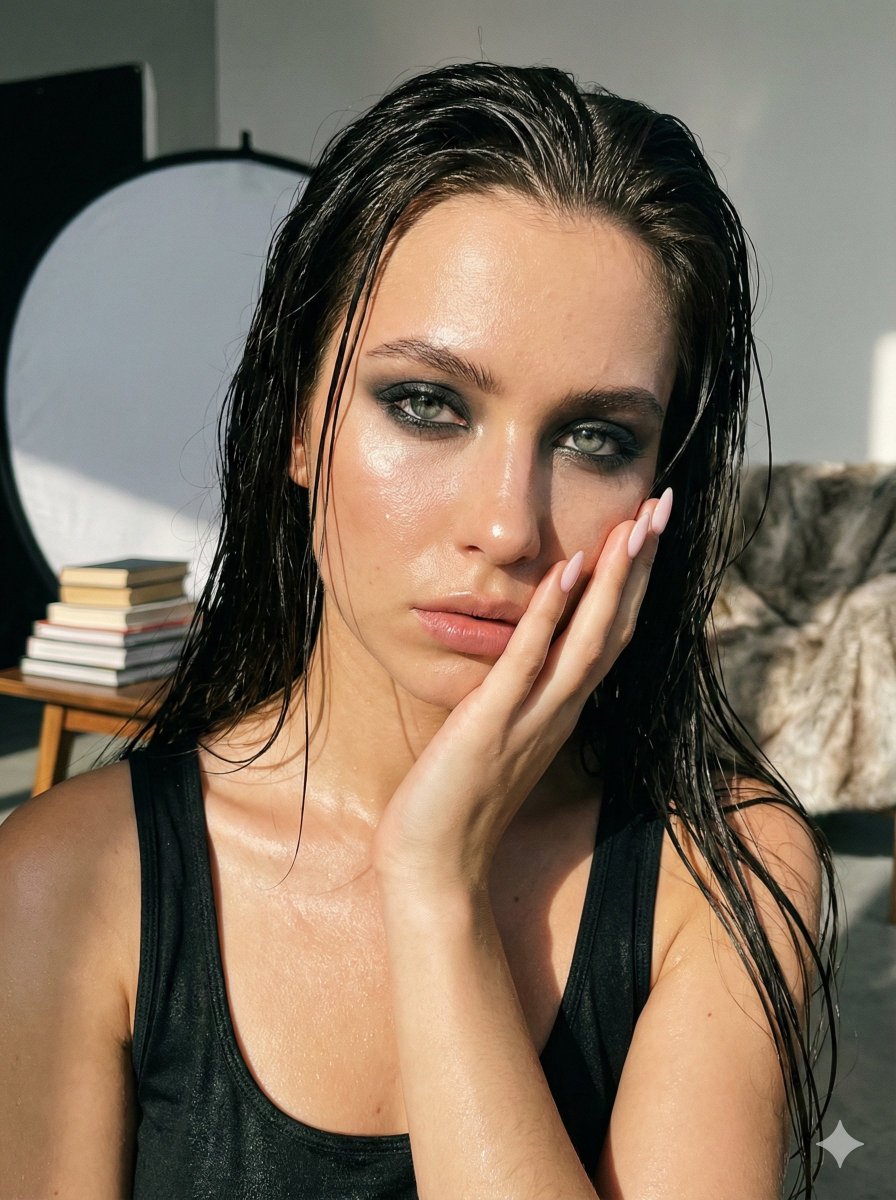 Ultra-Photorealistic Wet-Skin Beauty Portrait Prompt