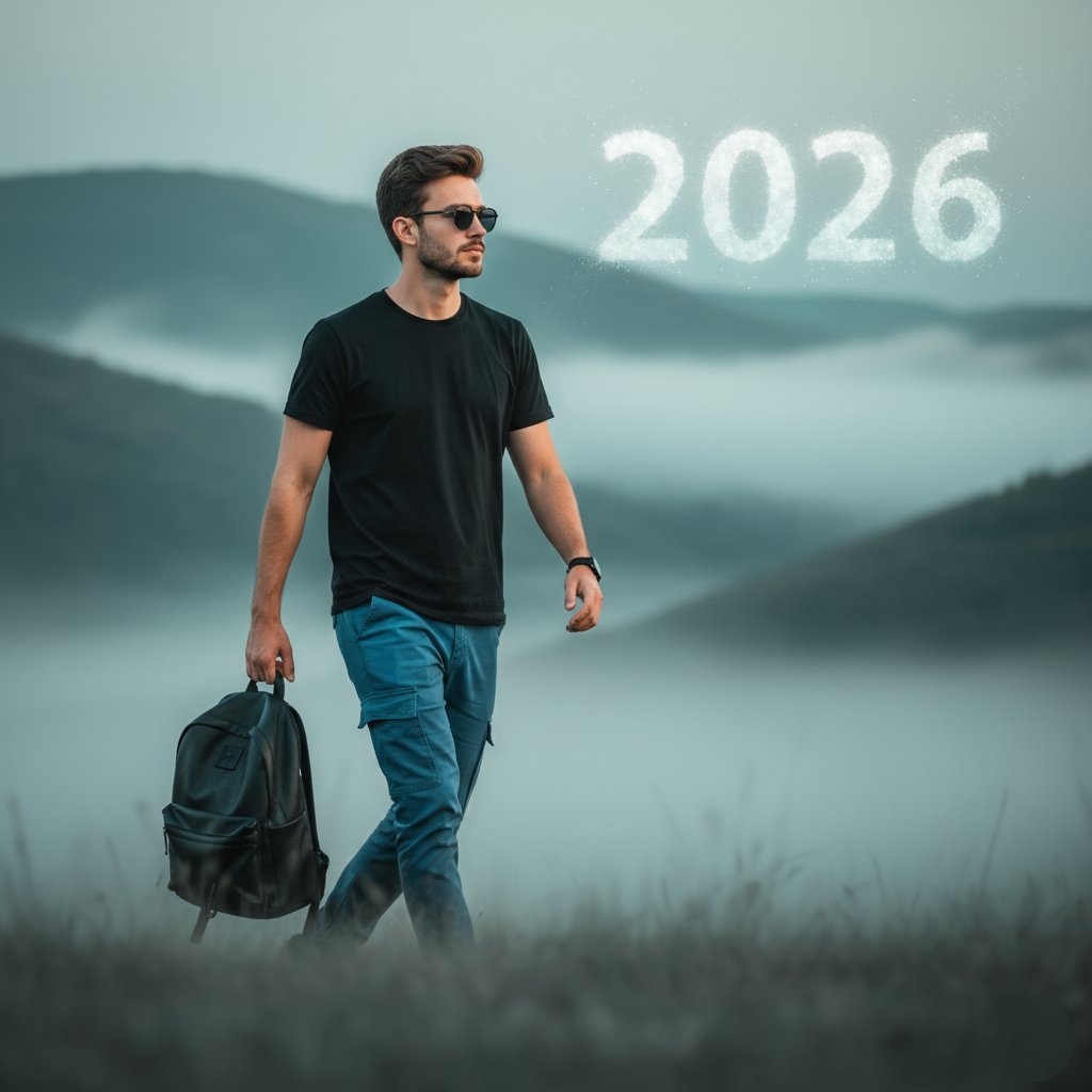 Stylish Person in Cargo Pants Against Ethereal Landscape