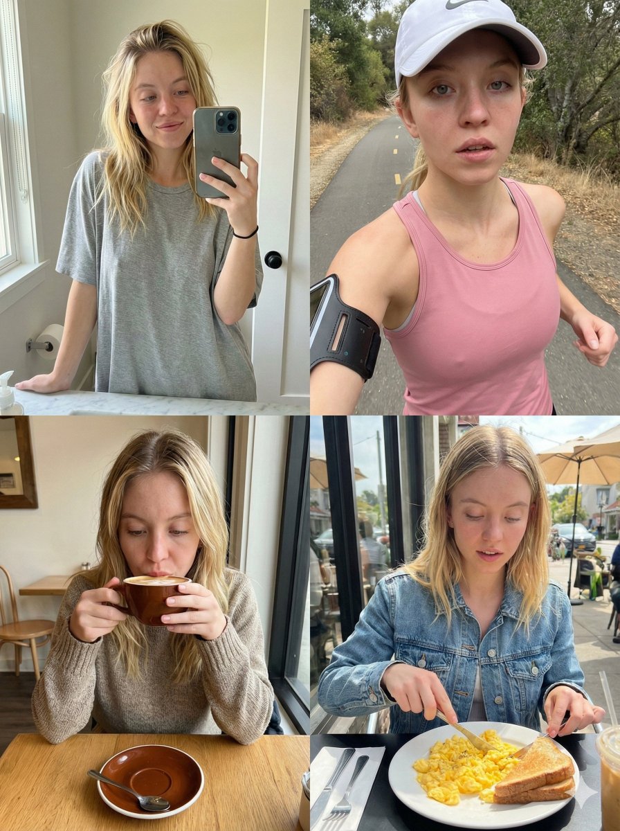 Sydney Sweeney Morning Routine 2x2 Grid Prompt