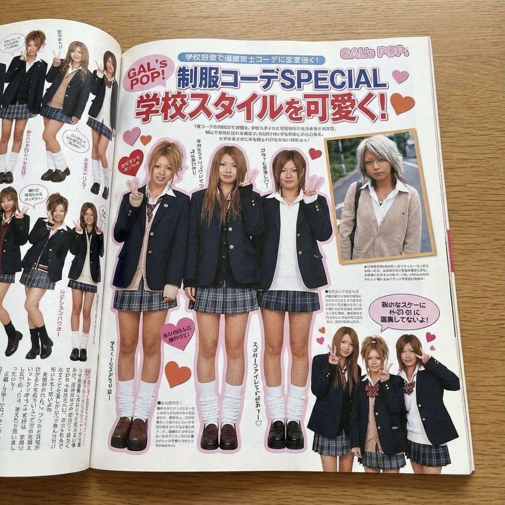 Japanese gyaru magazine spread on school uniforms