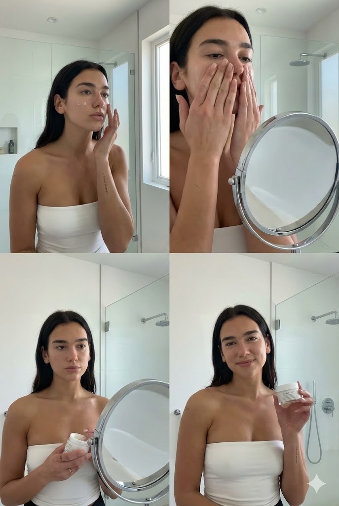 Dua Lipa Skincare Editorial Collage