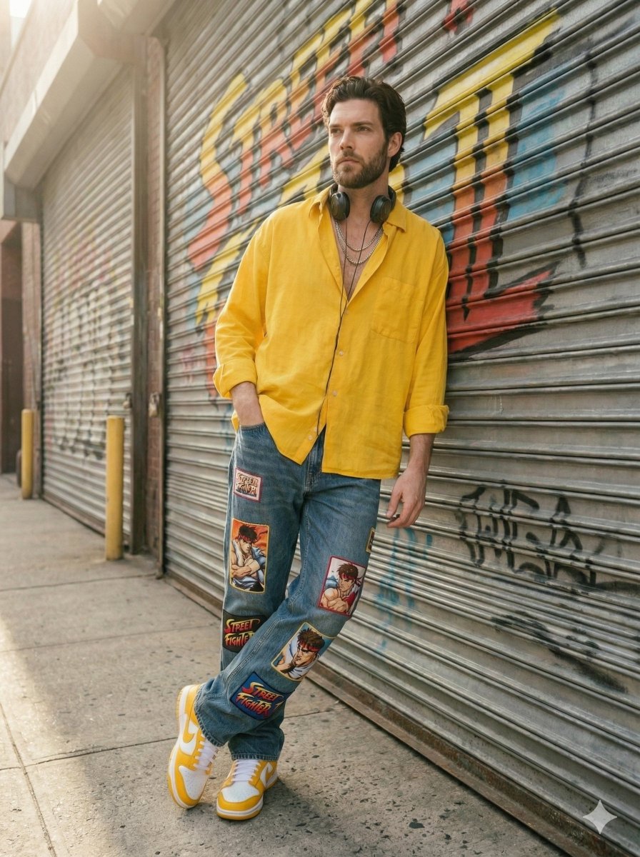 Sunlit Urban Streetwear Portrait with Retro Graffiti