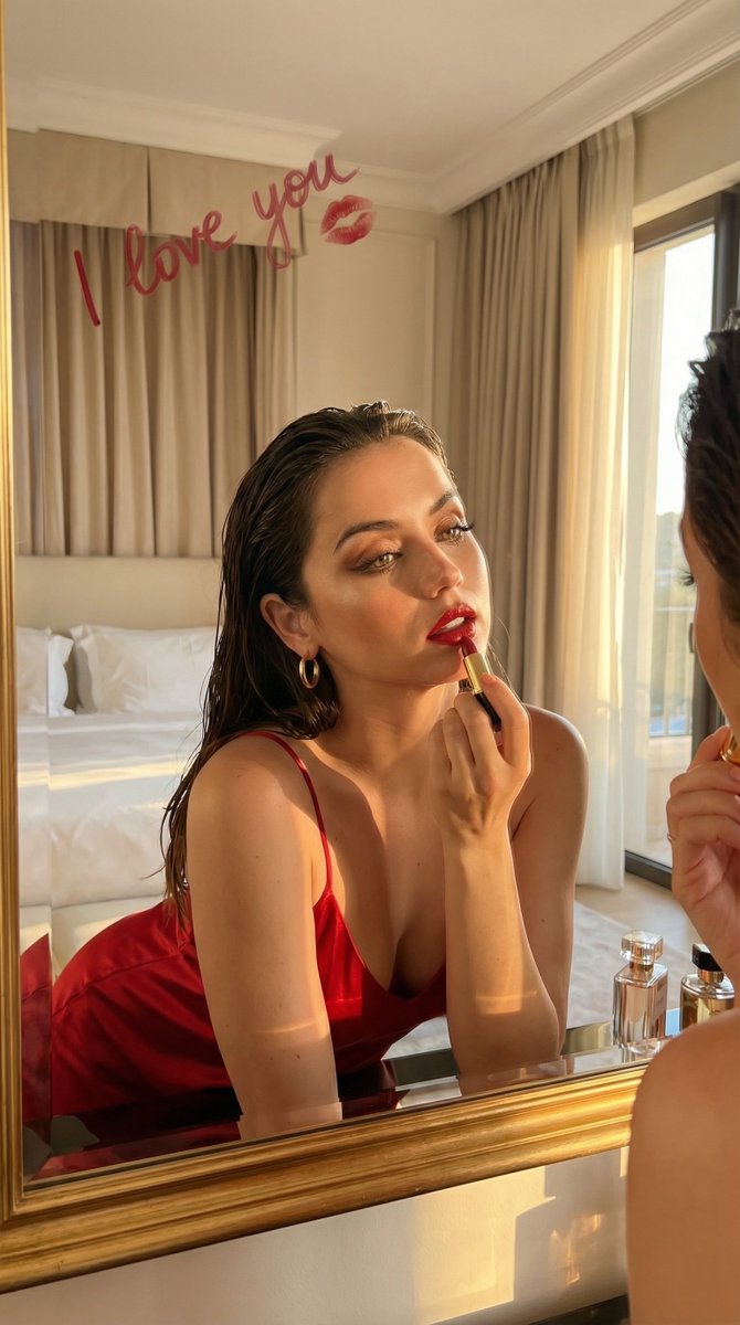 Cinematic Portrait Prompt: Applying Red Lipstick