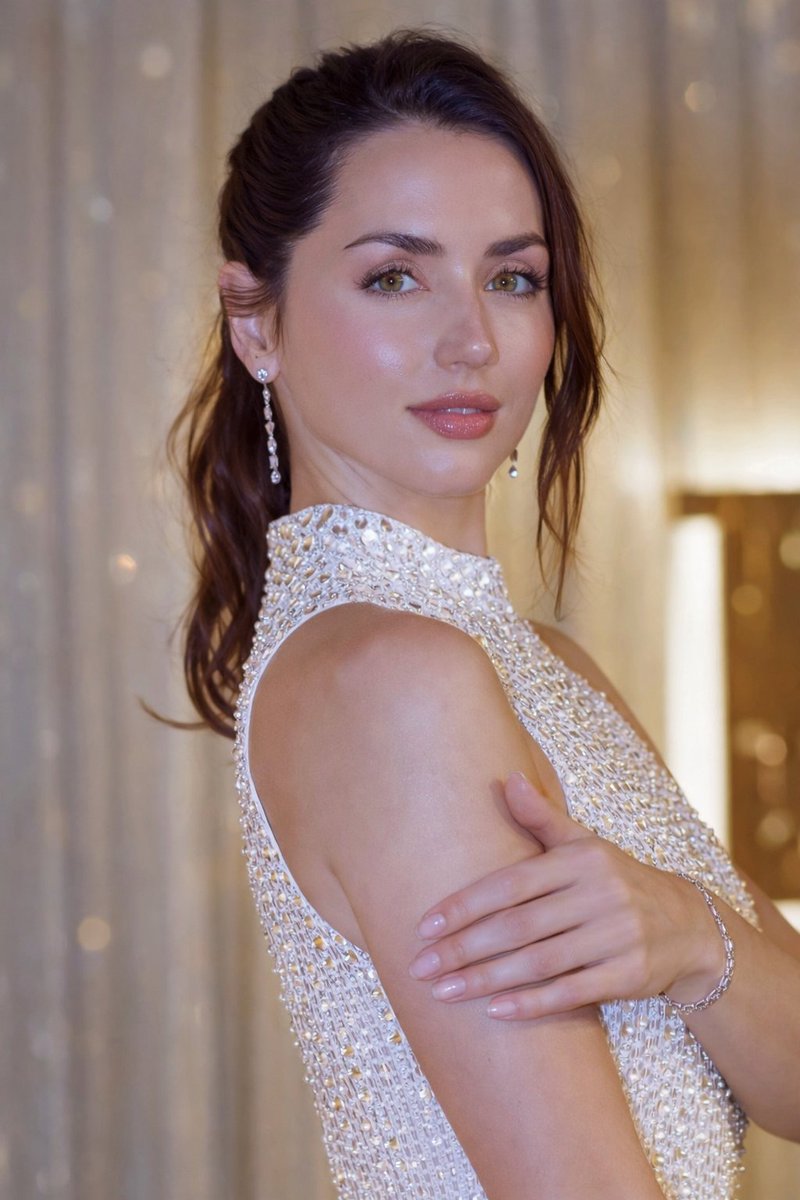 Glossy Sequined Portrait with Hand Pose
