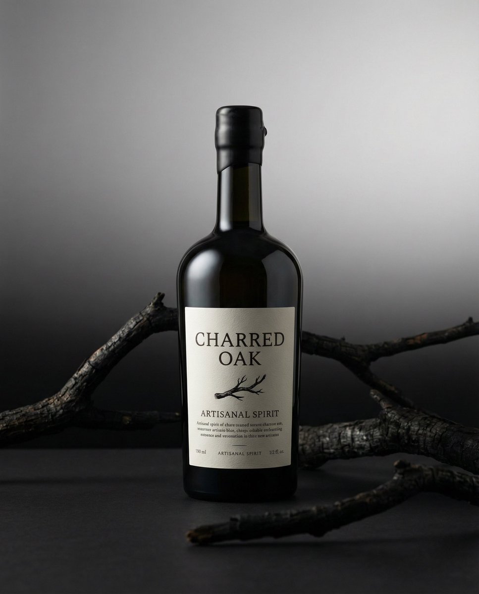 Product hero shot with charred black branches framing